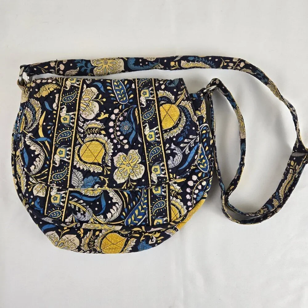 Vera Bradley Cotton Quilted Crossbody Shoulder Bag Floral Elephants Blue Yellow